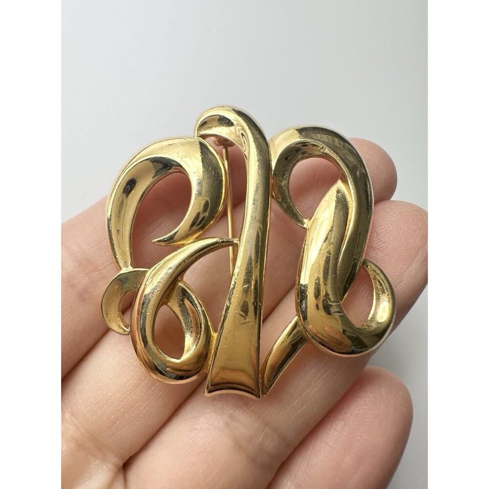 Vintage Monet Monogram Brooch Scroll Gold Tone 1.5"
